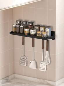 1 pieza Estante de almacenamiento de cocina montado en la pared con ganchos - Fácil de ensamblar, diseño plegable, para almacenar utensilios, especias, cuchillos, espátulas y cucharones, estante de almacenamiento ahorra espacio para la cocina y el comedor - Organizador de cocina y estante de almacenamiento de estructura de metal resistente - Estante de almacenamiento - Ver 9