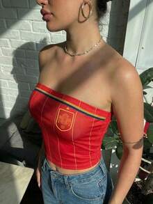 女士休闲西班牙网纱无肩带露脐背心，印有国旗图案，Blokecore风格，透气凉爽，适合春夏穿着，运动时尚，比赛日必备单品，世界杯观赛服，女式世界杯观赛衫，夏季上衣，女士户外上衣，2026年世界杯 - 紅色 - 查看 3