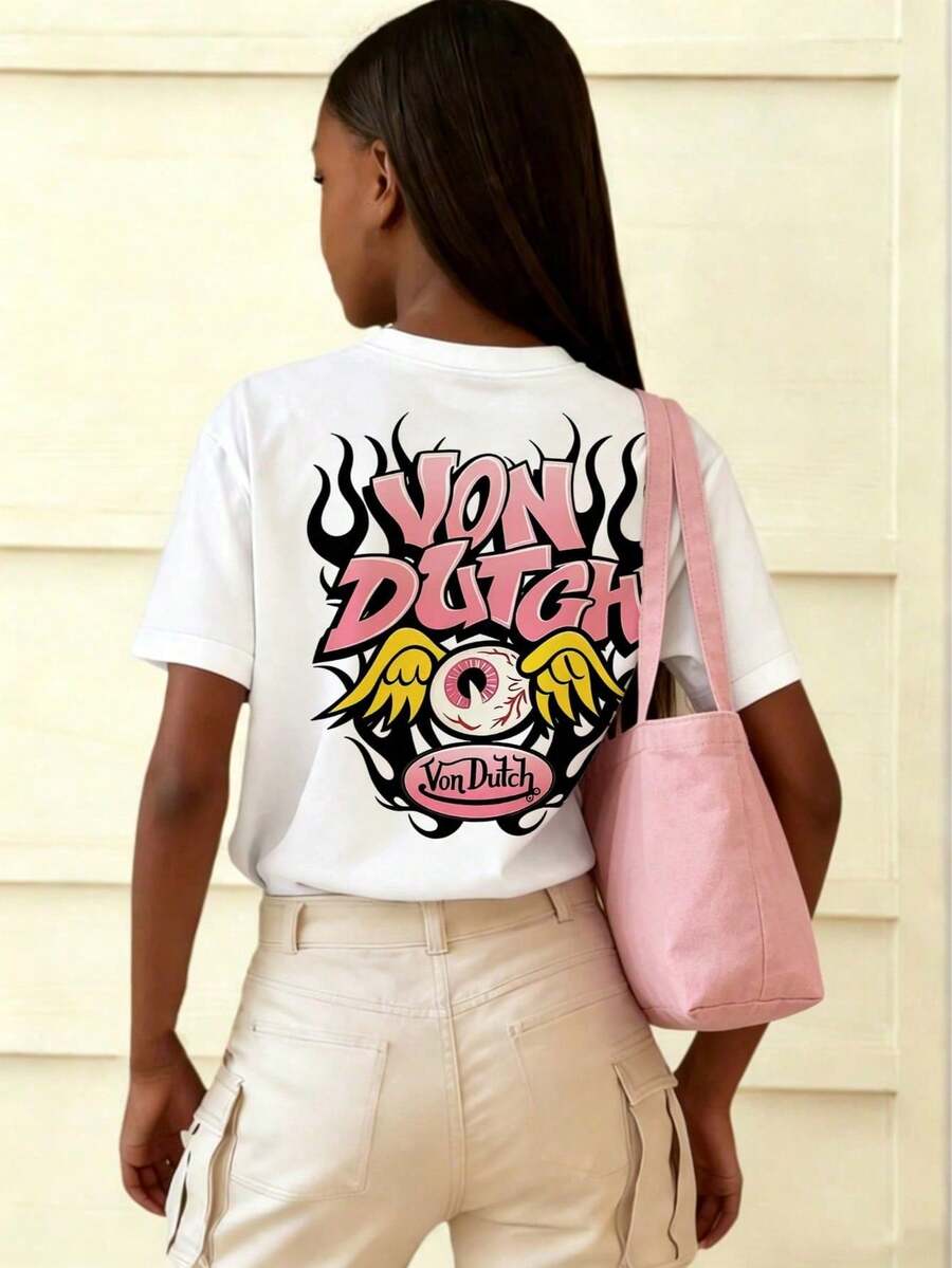 Tween Girl Cotten Clothes,Y2K-Inspired Letter Print T-Shirt - Casual Crew Neck, Short Sleeve, Machine Washable - Perfect For Spring/Summer/Fall,Fashion, Streetwear, Unisex, Men, Women - 白色 - 查看 1