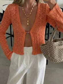 Live To Mo 夏季女士时尚性感橙色镂空针织V领喇叭袖开襟休闲上衣，适合约会、度假和外出海滩穿着 - 橘色 - 查看 2
