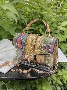 Fashion Graffiti Rivet Decor Handbag - Green - View 7