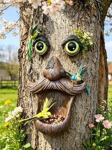 1 pieza Alimentador de pájaros con forma de árbol y maceta, decoración exterior de árbol interesante con ojos grandes y bigote, adecuado para colgar en el patio, jardín, terraza o patio trasero como alimentador de pájaros, decoración de resina impermeable, arte de patio único, excelente para observación de aves y amantes de la naturaleza, adecuado para decoración exterior de primavera/verano, puede atraer gorriones y otros pájaros pequeños - A - Ver 2
