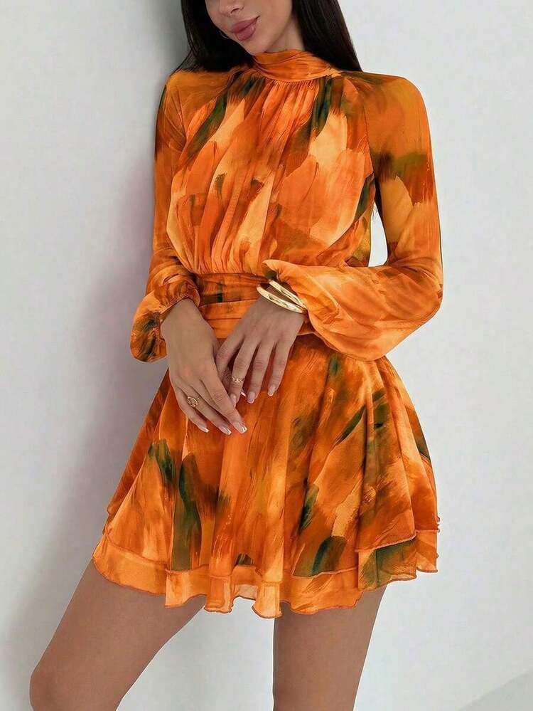Vestido de manga larga ajustado con silueta de paraguas para mujer, nuevo para otoño/invierno, para uso casual/citas/salidas/maestras, vestido romántico con estampado de teñido anudado en púrpura y cuello alto con lazo en la cintura - Naranja - Añade 7