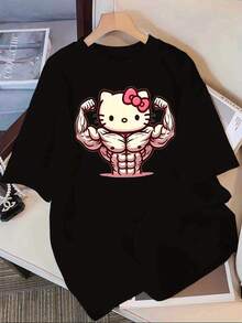 Talla unisex. Camiseta de algodón de talla grande para mujer, ideal para el verano. Camiseta juvenil con estampado de anime. [Autorizada] 2026 Primavera/Verano/Otoño, nueva camiseta de manga corta con cuello redondo, corte holgado, versátil para el hogar y el trabajo, de marca compartida con dibujos animados. Material absorbente de sudor, suave y agradable al tacto. - Negro - Ver 1