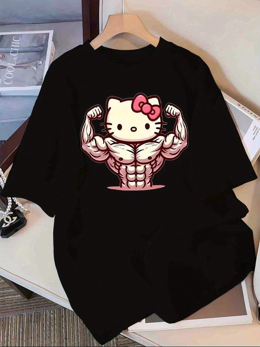 Talla unisex. Camiseta de algodón de talla grande para mujer, ideal para el verano. Camiseta juvenil con estampado de anime. [Autorizada] 2026 Primavera/Verano/Otoño, nueva camiseta de manga corta con cuello redondo, corte holgado, versátil para el hogar y el trabajo, de marca compartida con dibujos animados. Material absorbente de sudor, suave y agradable al tacto. - Negro - Ver 1