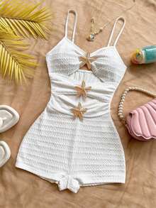 Mono de mujer con decoración de estrella de mar hueca, adecuado para fiesta y uso en casa - Blanco - Ver 5