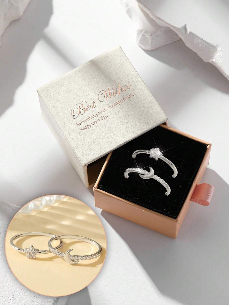 Gift Box Set Couple Rings With Star & Moon Design, Cubic Zirconia Inlaid Shiny Jewelry, Suitable As Holiday Gift - Silver - View 1