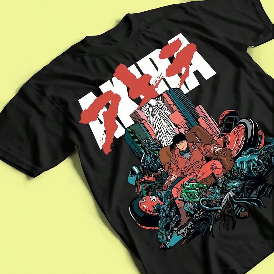 Akira Print T-Shirt - Anime Manga Graphic Unisex Tee, 100% Cotton Crew Neck Short Sleeve, Summer Casual Streetwear T-Shirts - Affordable Daily Wear, Perfect Gift Of T-Shirt - 黑色 - 查看 1