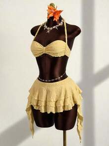 Zestiva Conjunto de traje de baño de 3 piezas para mujer con top bandeau de unicolor, cuello alto fruncido y bajo fruncido, hecho de tela especial trenzada - Amarillo - Ver 5