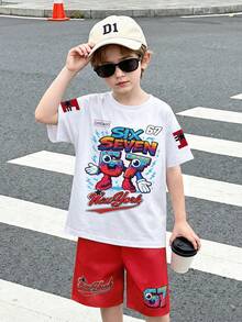 2pcs Toddler Boys' Spring/Summer Short Sleeve T-Shirt & Shorts Set, White Tee With Gradient Letter & Robot Digit Print, Red Shorts With Matching Elements, Dirt-Resistant & Skin-Friendly, Suitable For School, Casual Outings, Family Trips, Boys' Outfit - Red - View 1