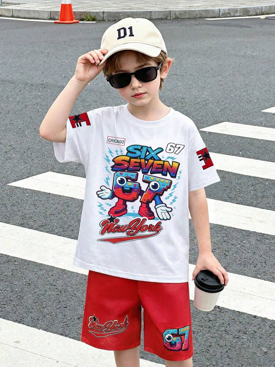 2pcs Toddler Boys' Spring/Summer Short Sleeve T-Shirt & Shorts Set, White Tee With Gradient Letter & Robot Digit Print, Red Shorts With Matching Elements, Dirt-Resistant & Skin-Friendly, Suitable For School, Casual Outings, Family Trips, Boys' Outfit - Red - View 1