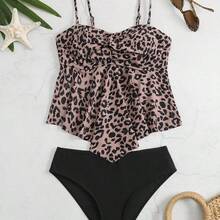 Swim Lushoire 2pcs/Set Women 2025 Leopard Print Casual Cami Tankini Set, Print Pattern Random Summer - Multicolor - Ver 6