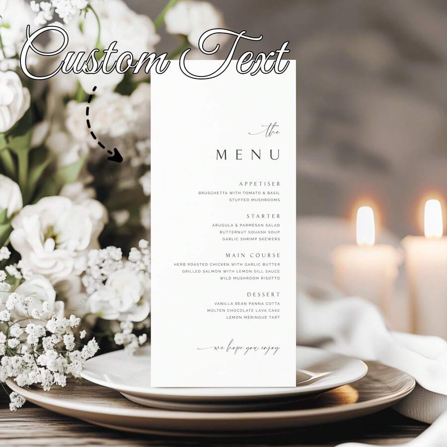 Custom Elegant Minimalist Wedding Menu, Personalized Modern Calligraphy Dinner Menu, Editable Wedding Reception Menu, Minimalist Wedding Menu Card, Custom Menu Template, Elegant Wedding Supplies, Wedding Reception Menu, Engagement Party Menu - Multicolor - View 1
