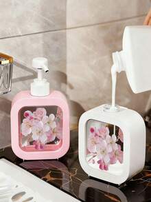 Creative Home Bathroom Dispenser Bottle, Pink Cherry Blossom Branch With Blooming And Falling Petals, Suitable For Bathroom, Kitchen, Sink, Can Hold Hand Soap, Hand Wash, Body Wash, Etc., Creative Hand Soap Bottle, Dispenser Bottle, Bathroom Supplies - Multicolor - View 1