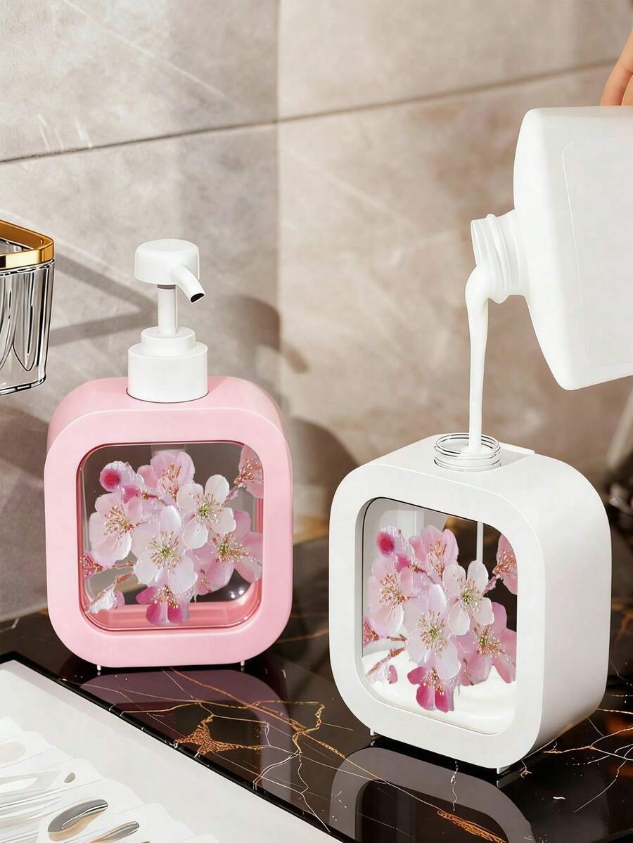 Creative Home Bathroom Dispenser Bottle, Pink Cherry Blossom Branch With Blooming And Falling Petals, Suitable For Bathroom, Kitchen, Sink, Can Hold Hand Soap, Hand Wash, Body Wash, Etc., Creative Hand Soap Bottle, Dispenser Bottle, Bathroom Supplies - Multicolor - View 1