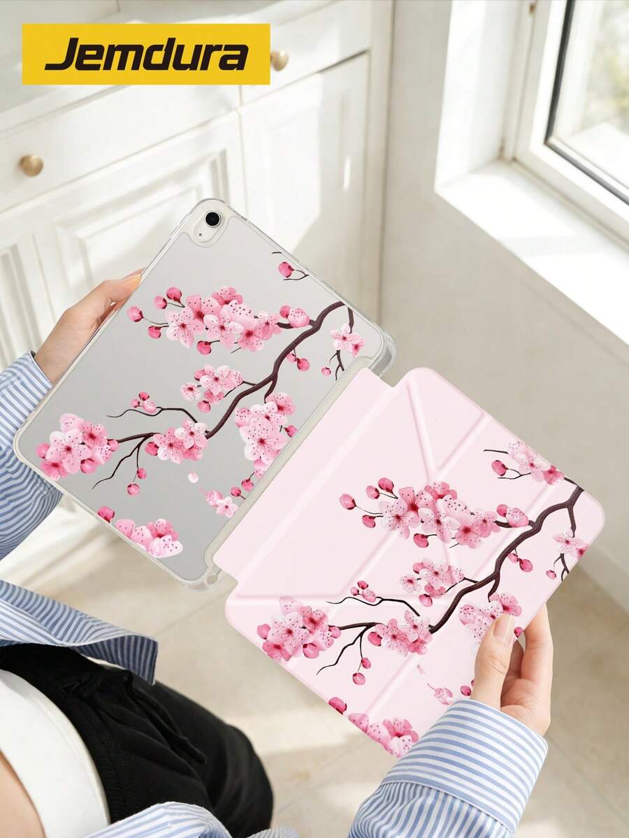 浅粉色背景,粉色樱花图案设计平板电脑保护套,亚克力透明底壳,双面印花图案,Y型折叠支架保护套,兼容iPad(A16)11英寸第11代(2025款)/第10代/10.2英寸iPad Pro(2021款/2020款)、Galaxy Tab A8 10.5英寸(2022款),防摔,带笔槽,支持睡眠/唤醒功能,儿童/家庭礼物 - 彩色 - 查看 1