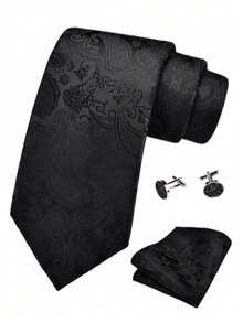 Bộ cà vạt, khăn cài túi và khuy măng sét họa tiết Paisley đen dành cho nam, bộ phụ kiện công sở cao cấp cổ điển, phụ kiện cưới cho nam, quà tặng gia đình, quà Giáng sinh, quà tặng dự tiệc. - màu đen - Xem 2
