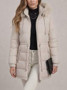 Women's Puffer Jacket With Faux Fur Lining For Winter With Hood - Beis - Ver 6