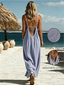 Vestido casual de mujer de unicolor, de tela tejida, con espalda descubierta y lazo, para playa y vacaciones de verano - Lila Púrpura - Ver 1