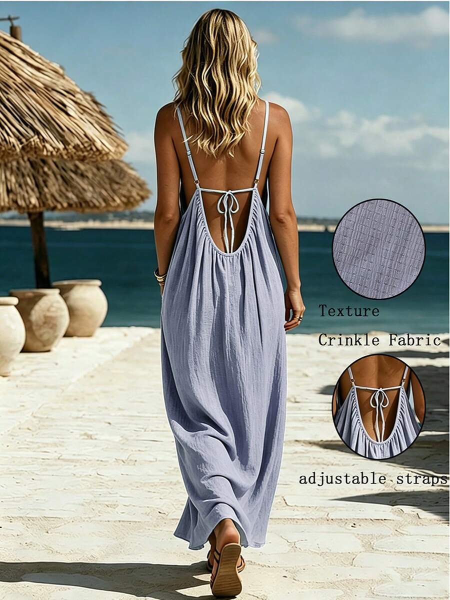 Vestido casual de mujer de unicolor, de tela tejida, con espalda descubierta y lazo, para playa y vacaciones de verano - Lila Púrpura - Ver 1