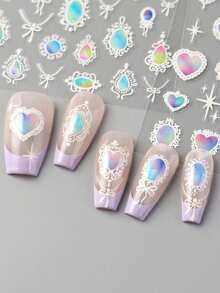 FULL BEAUTY Iridescent Aurora Vintage Lace Bohemian Totem Gemstones Nail Stickers Bow Heart Mirror Necklace Baroque Court Style Y2K Nail Supplies For Women & Girls DIY Manicure,Wedding Nail Decorations Accessories - Multicolor - View 2