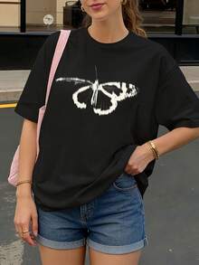 Camiseta negra con estampado de mariposa blanca para mujer estilo casual - Negro - Ver 1