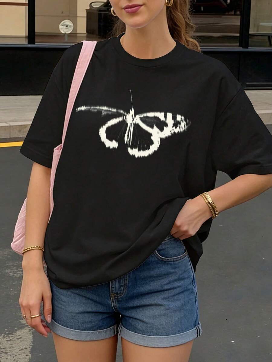 Camiseta negra con estampado de mariposa blanca para mujer estilo casual - Negro - Ver 1