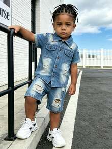 Denim 2Pcs Outfit,Denim Short Sleeve Shirt,Ripped Jean Shorts Young Boys Gradient Washed Distressed Street 4-7Y Summer Skate Daily Outfit - Blue - View 2