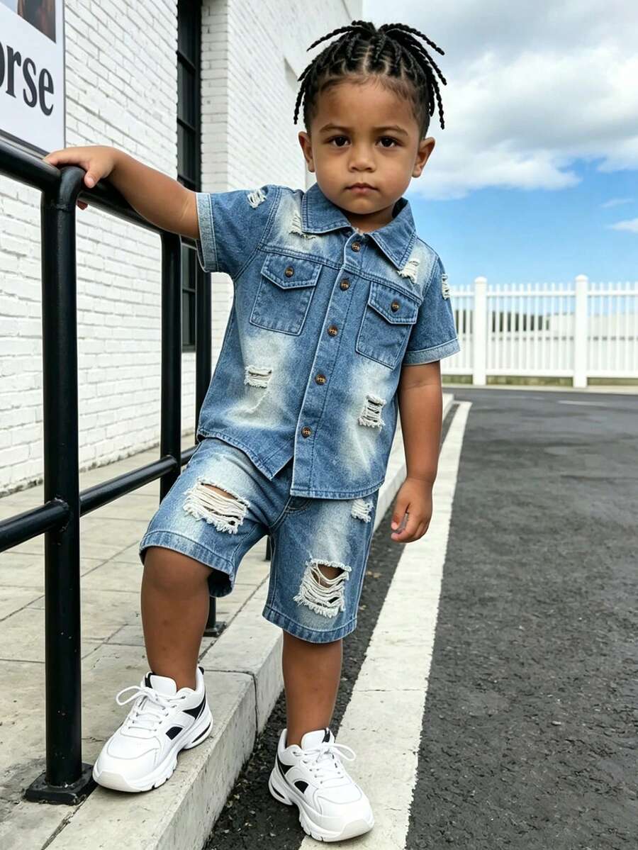 Denim 2Pcs Outfit,Denim Short Sleeve Shirt,Ripped Jean Shorts Young Boys Gradient Washed Distressed Street 4-7Y Summer Skate Daily Outfit