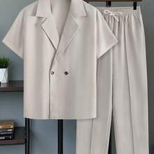 Men's Four-Season Suit Lapel Double-Breasted Casual Short-Sleeve Shirt + Flowing Casual Drawstring Slant Pocket Loose Trousers Set - Nâu nhạt-1 - Xem 2