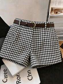Women's Spring/Summer Houndstooth Print Shorts With Belt Design To Accentuate Waistline, Shorts With Belt Loops, Suitable To Pair With Boots, Slimming And Elongating, Elegant Retro Casual Daily Holiday Sexy Commute Office Shorts - Multicolor - View 2