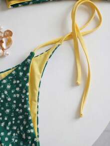 新款可爱性感优雅休闲绿白碎花抹胸比基尼，日式清新海滩假日派对泳装套装 - 彩色 - 查看 5