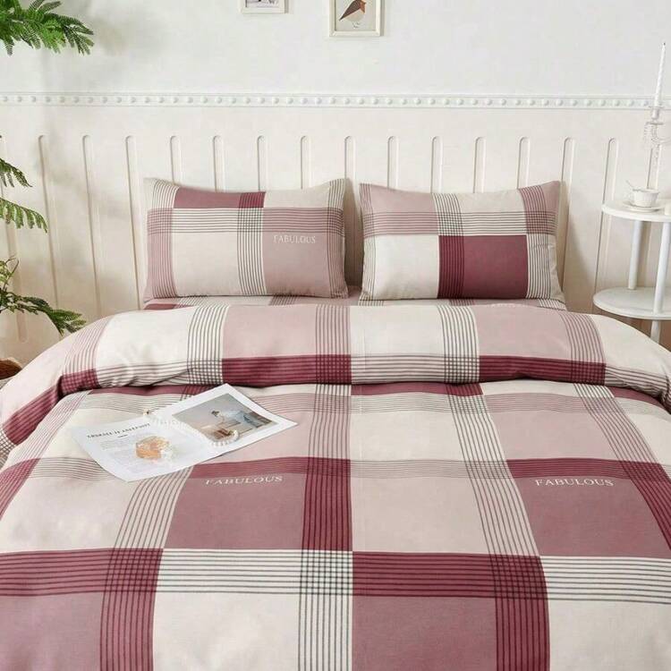 Classic Plaid Print Bedding Set, Includes Fitted Sheet, 30cm Deep Quilt, Flat Sheet And Pillowcases, Hypoallergenic Wrinkle-Resistant Microfiber, Sizes Twin, Full, Queen, King - 酒紅色 - 查看 8