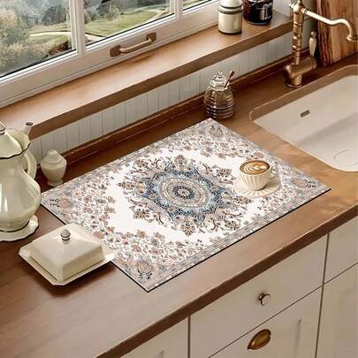 1pc Vintage Persian Pattern Printed Kitchen Counter Dish Drying Mat, Super Absorbent Hides Stains, Rubber Backed Multi-Purpose Dish Drying Pad, Suitable For Coffee Maker, Dish Rack, Kitchen Counter, Coffee Pot