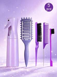Set de 3 piezas/5 piezas Cepillo de pelo con onda de ocio y botella rociadora, herramientas de peinado, mango de plástico ABS, diseño hueco, duradero, adecuado para uso diario, peinado regular - Multicolor - Ver 5