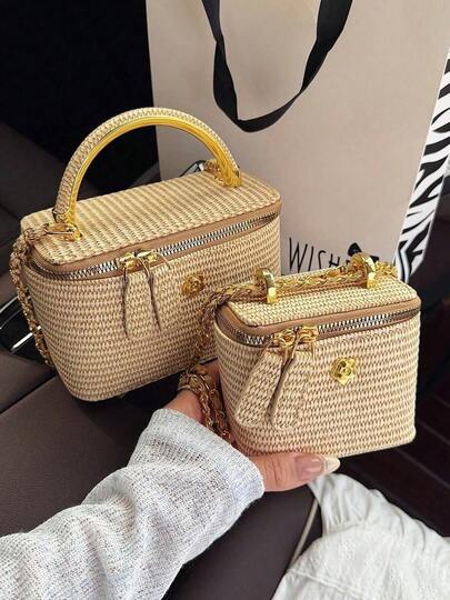 Straw Woven Box Bag With Gold Top Handle & Chain Strap, Chic Camellia Decor Cosmetic Crossbody Purse, Versatile Summer Handbag For Vacation & Daily Use