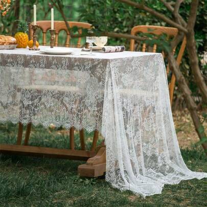 Multi-Purpose 1pc White Lace Party Tablecloth, Wedding Decor Table Cloth, Suitable For Summer Picnic, Valentine's Day, Daily Decoration Dining Tablecloth