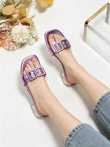 European And American Style Purple Metal Square Buckle Transparent Strap Crystal Chunky Heel Slide Sandals For Women, Summer - Purple - View 13