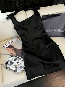 Vestido mini de estilo francés con tirantes de acetato y lazo, vestido elegante con cintura ceñida en color albaricoque, adecuado para fiestas, graduaciones, vacaciones, San Valentín, festivales de música, Día de la Madre, Acción de Gracias, Pascua, Día Nacional, bailes, citas, bodas, salidas - Albaricoque - Ver 8