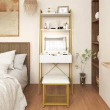 Dressing Table Stool Set With Flip Top Mirror & Hidden Storage For Bedroom - White+Gold - View 7