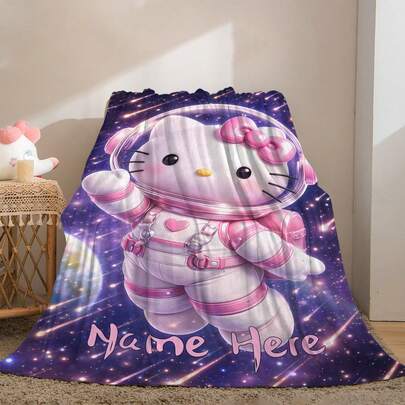 SANRIO 1 chiếc chăn Hello Kitty tùy chỉnh, có thể in tên cá nhân, họa tiết bầu trời sao tím đậm với sao băng, quầng sáng và các hành tinh xa xôi, phong cách tươi sáng và sống động - Mềm mại và thoải mái, có thể giặt máy, gối trang trí bằng vải polyester in kỹ thuật số, thích hợp cho ghế sofa, giường, du lịch, cắm trại, phòng khách, văn phòng, chỗ ngồi - Món quà lý tưởng cho gia đình và bạn bè