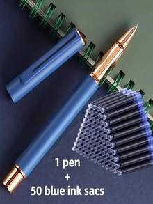 1 penna + 50 st. refillpatroner, matt metallreservoarpenna, mjuk skrift, lämplig för skolan, kontoret, present, kompatibel med 3,4 mm bläckpatroner - 51-delat set - Visa 14