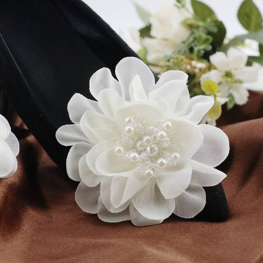 2pcs Camellia Tulle Crystal Detachable Shoe Clips, Multi-Layer Floral Pearl Rhinestone Bridal Wedding Shoes Decor, Elegant Removable Shoe Accessory For High Heels - Beige - View 1
