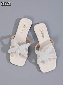 Sandalias de verano para mujer, sandalias cuadradas de moda y cómodas, sandalias brillantes con perlas, zapatos de playa y resort al aire libre, sandalias beige, zapatos planos para mujer, pantuflas de mujer - Beis - Ver 11