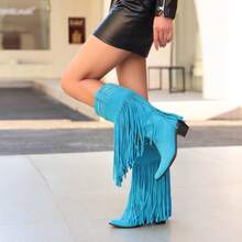Women's Mid Calf Fringe Boots Western Cowboy Boots Pull On Pointed Toe Chunky Low Heels Cowgirl Tassel Boots For Party Dress Wedding Shoes - Blue - View 5