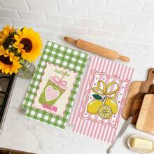 2pcs Green Plaid, Pink Stripe, Lemon Print Kitchen Towels, 40*60cm Super Soft Microfiber Dish Cloths, Farmhouse Style Decor, Housewarming Gift, Suitable For Kitchen And Bathroom - Green - View 7