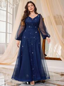 Plus Size Deep V-Neck Sequin Floral Lace Contrast Mesh Mermaid Ruffle Hem Evening Party Dress, Wedding Guest Dress Elegant - Navy Blue - View 3