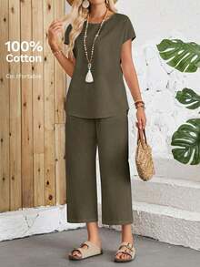 Conjunto Dos Piezas Mujer Blanco, Blusa Cuello Redondo Mangas Cortas Holgada, Pantalones Largos Anchos Culotte, Tejido De Lino Ligero Fresco Transpirable, Estilo Minimalista Boho Natural Chic Ideal Para Looks Diarios Veraniegos Y Vacaciones - Verde militar - Ver 1