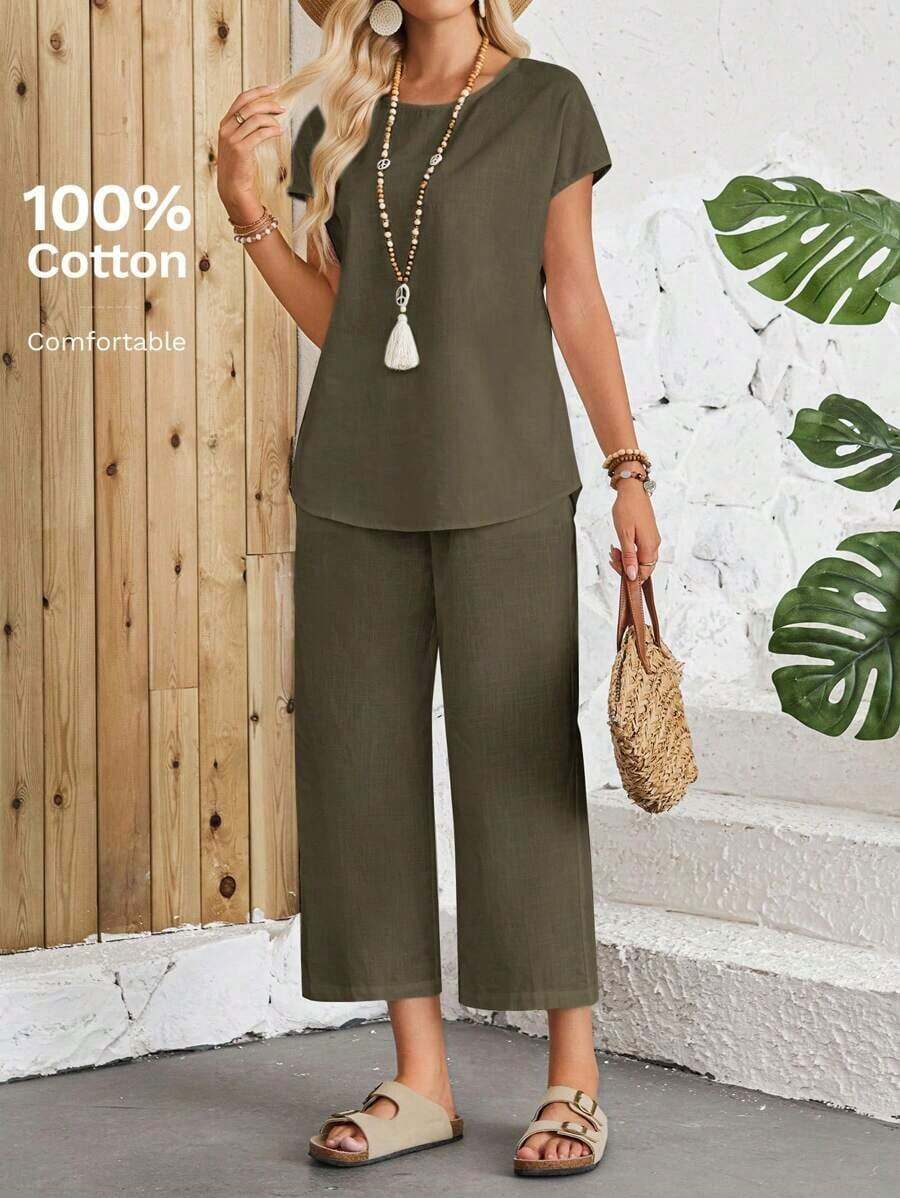Conjunto Dos Piezas Mujer Blanco, Blusa Cuello Redondo Mangas Cortas Holgada, Pantalones Largos Anchos Culotte, Tejido De Lino Ligero Fresco Transpirable, Estilo Minimalista Boho Natural Chic Ideal Para Looks Diarios Veraniegos Y Vacaciones - Verde militar - Ver 1