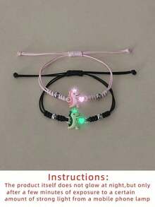 ATLVXJL 2pcs/Set Glow-In--Dark Friendship/Couple Bracelets With Heart, Crown, Dinosaur Bead Decor, Suitable Daily Wear And Holiday - Multicolor - View 5